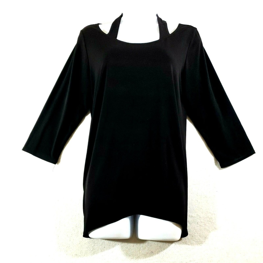 Peck & Peck Women M Blouse Black Strap Neck 3/4 Sleeve Asymmetric Hem Stretch